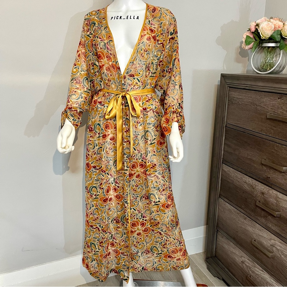 S Vs Victoria’s Secret Vintage Gold label Robe Sheer kimono long floral mustard